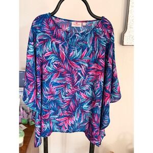 Quacker Factory Tropical Palm Leaf Rhinestone Kaftan Top Blue Pink Medium
